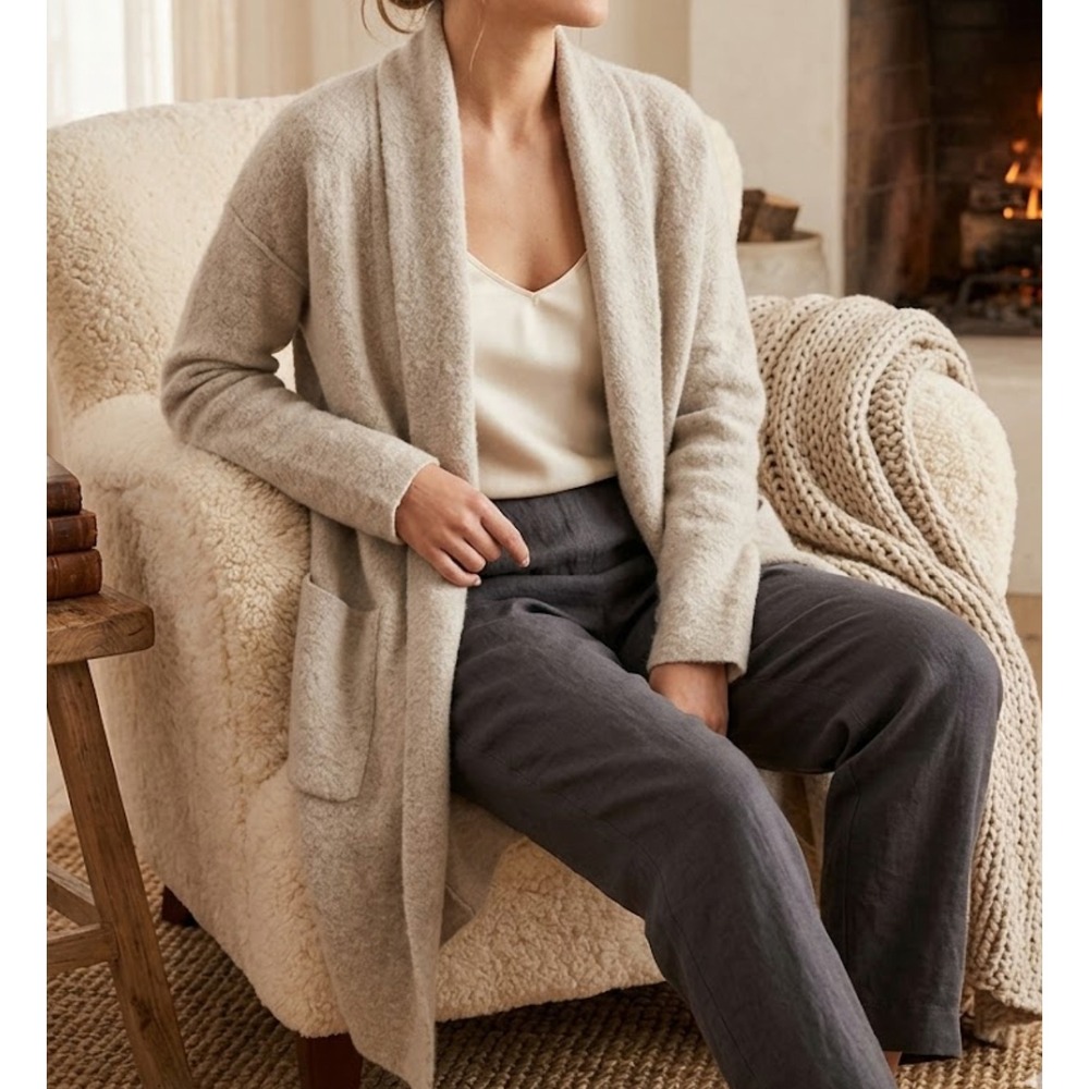 Eileen Fisher 100% Wool Open Front Cardigan Sweater 2XS Tan Pockets AB